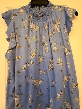 MELLODAY Blue Floral Ruffle Neck Blouse